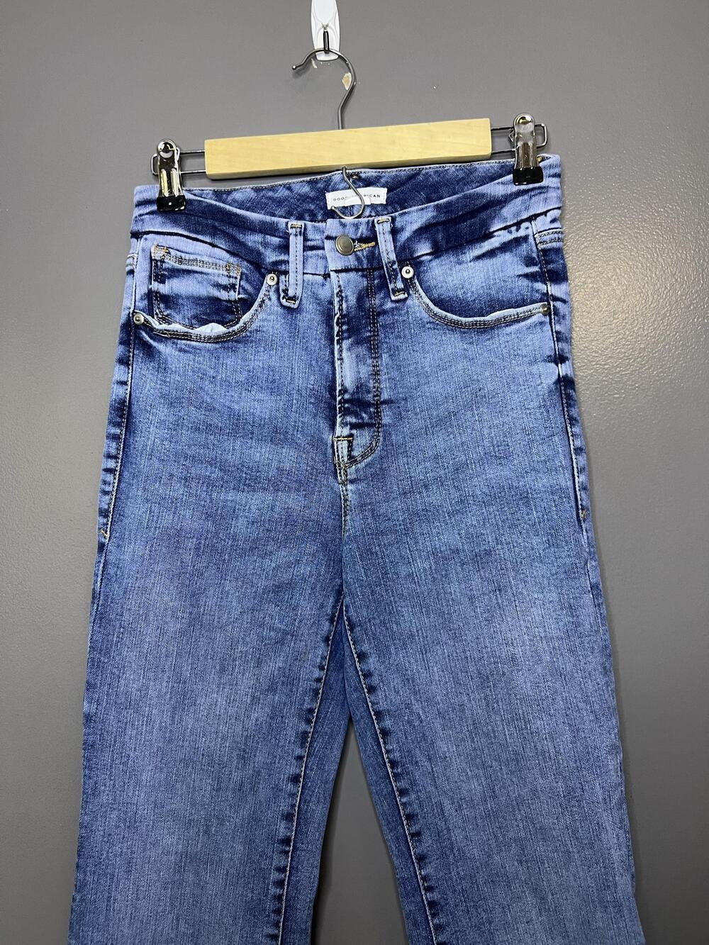 Good American Good Legs Flare Jeans Womens 6/28 Medium Wash Frayed Hem Denim